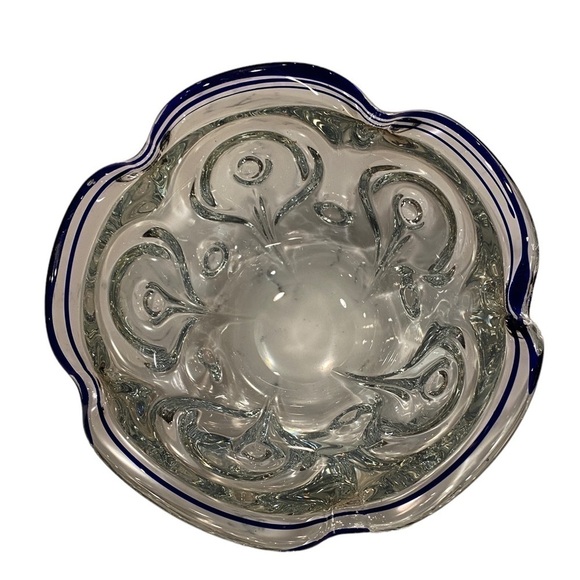 1990s Lillian Vernon Crystal Candy Bowl With Cobalt And Ruffle Edge Vintage - Picture 6 of 15